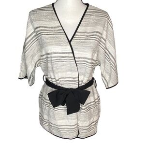 Reserved Cardigan Black Cream Stripe Knit Kimono Style Tie Waist Short Sleeve